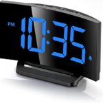 Digital Alarm Clock for Bedrooms, Digital Clock with Modern Curved Design, Conspicuous Blue LED Numbers, 6 Levels Brightness, 2 Volume, 3 Alarm Tones, Snooze, Power-Off Memory, 12/24H, Bedside Clock