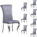 AZhome Dining Chairs Set of 8, Dining Room Chairs in Grey Velvet and Silver Cabriole Stainless Steel Legs