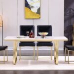 AZhome Dining Room Table Set, 5-Piece Dining Table Set, Gold Dining Table for 4-6 Persons, Black Leather Dining Chairs with Gold Sled Base for Kitchen, Dining Room (White Table + 6 Black Chairs)